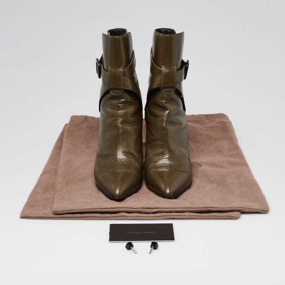 Bottega Veneta Dark Green Leather Pointed Toe Ankle Booties Size 6.5/37 - Picture 1 of 5